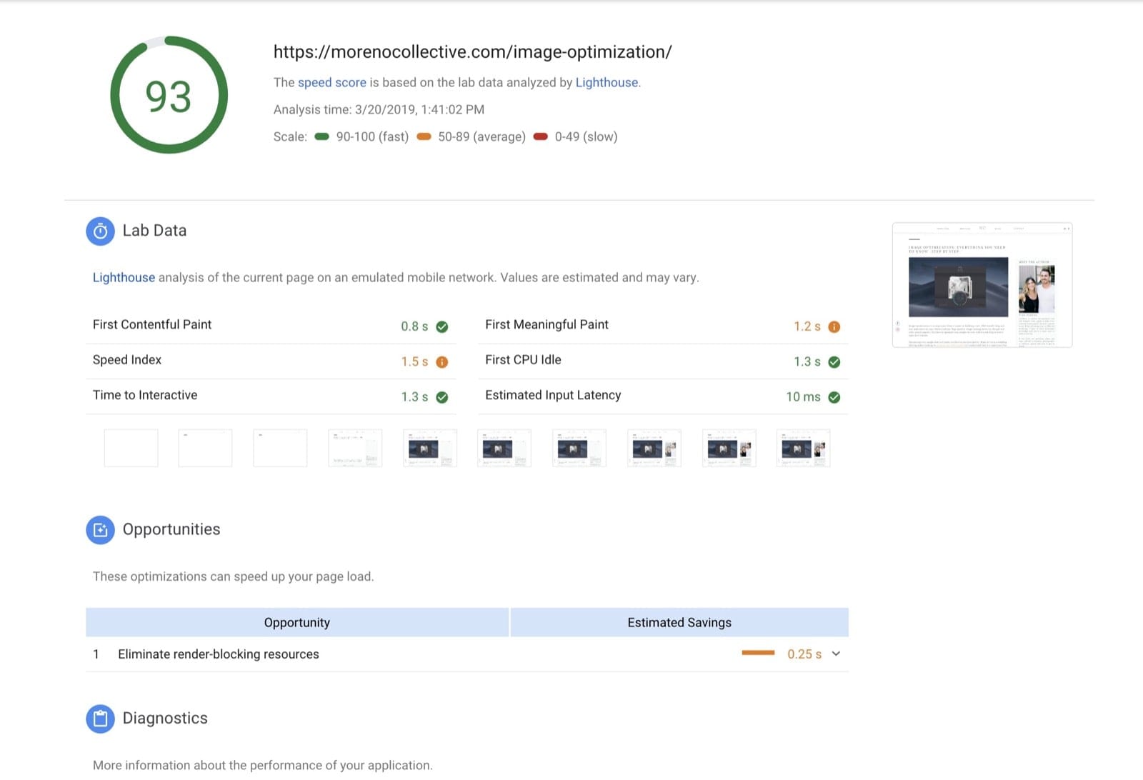 Google PageSpeed Insights fast webpage report - Moreno Collective