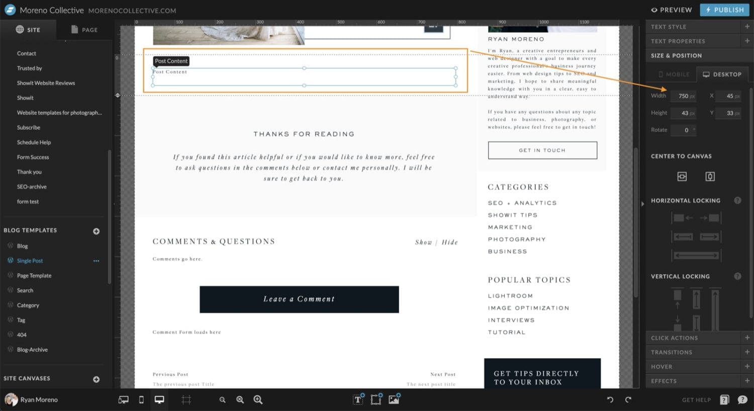 Find the width of your blog content area in Showit