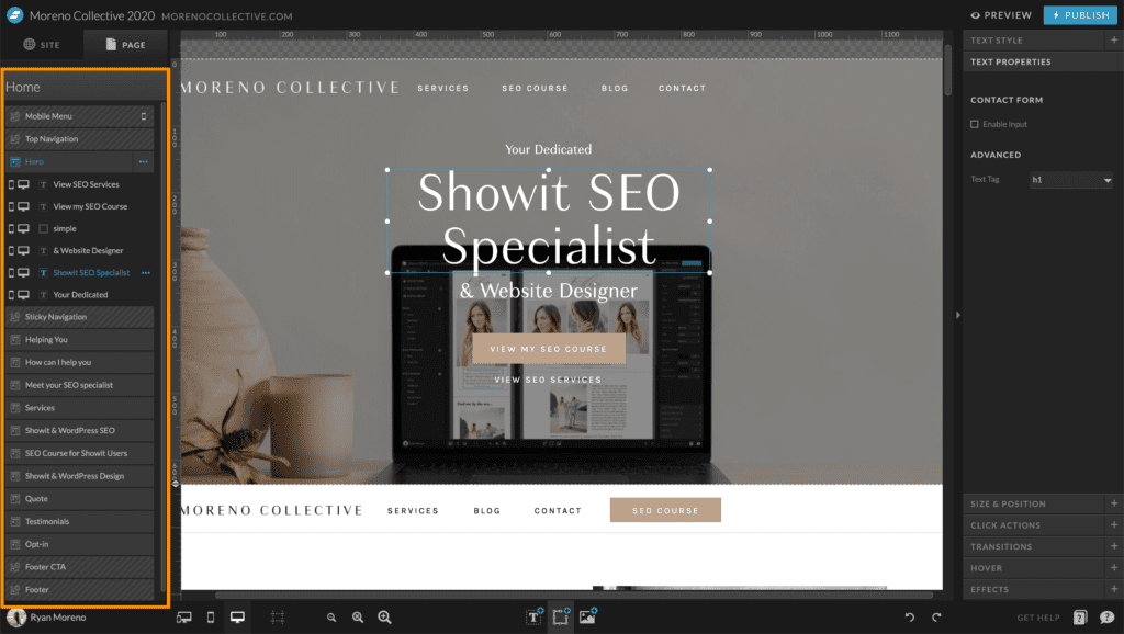 Showit elements in layer panel to improve your SEO - Moreno Collective