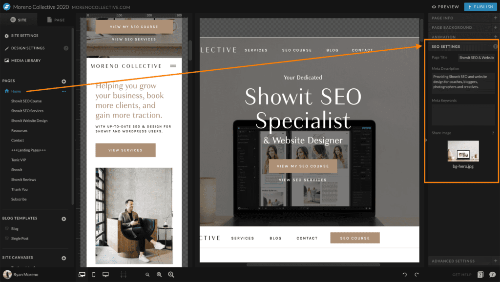 Adding SEO titles and meta descriptions in Showit - Moreno Collective