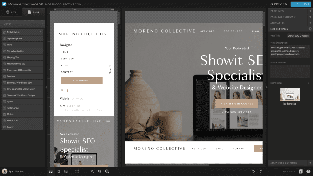 Here is how to find your Showit SEO settings in Showit app.
